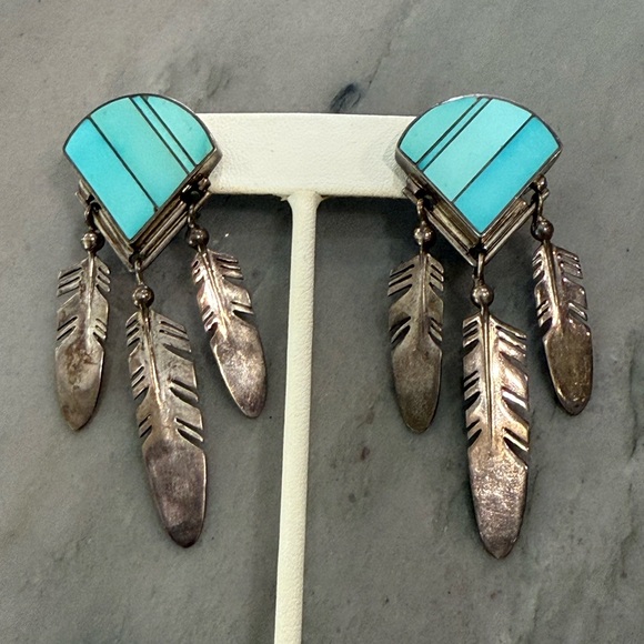 Vintage Turquoise Ray Tracey Navajo Feather Sterling Silver Earrings